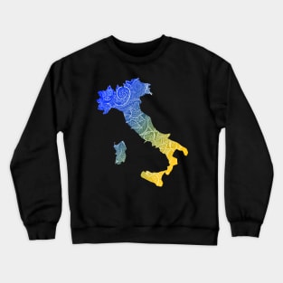 Colorful mandala art map of Italy with text in blue and yellow Crewneck Sweatshirt